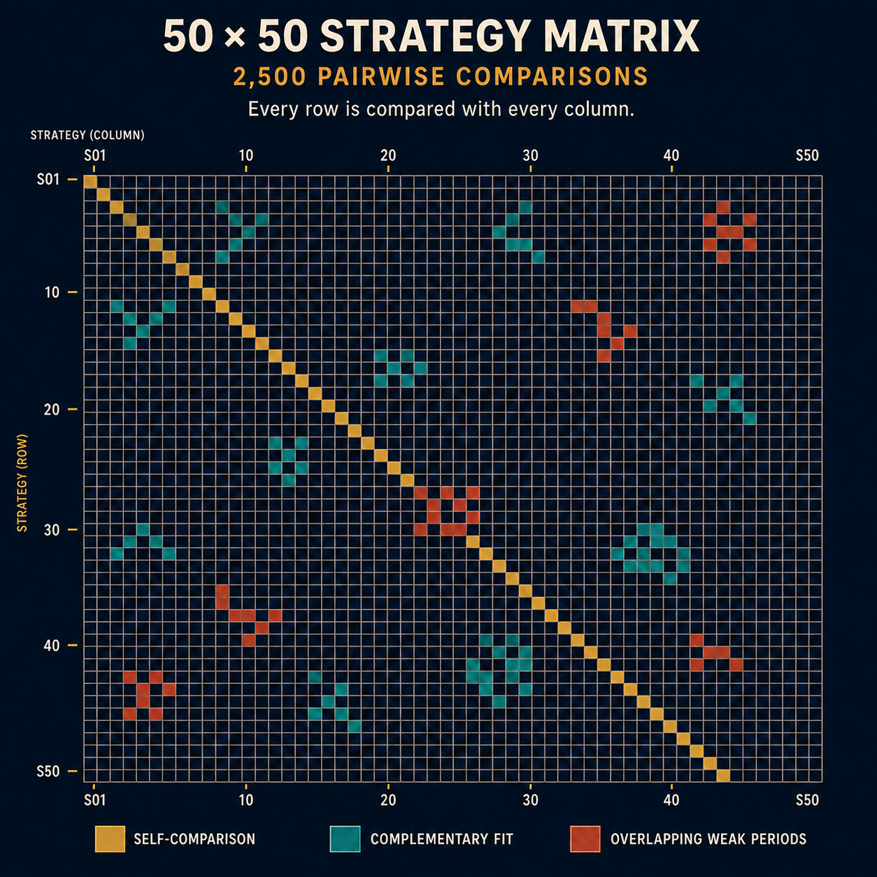 A 50 by 50 matrix comparing 50 strategies across 2,500 pairings