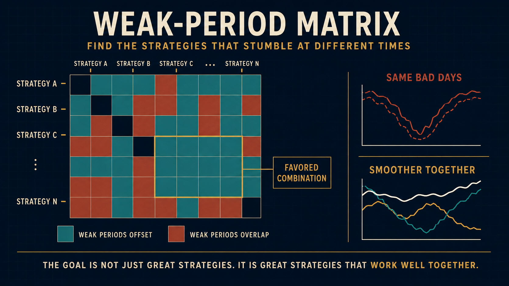 The strategy matrix favors combinations that worked together more smoothly during weak periods